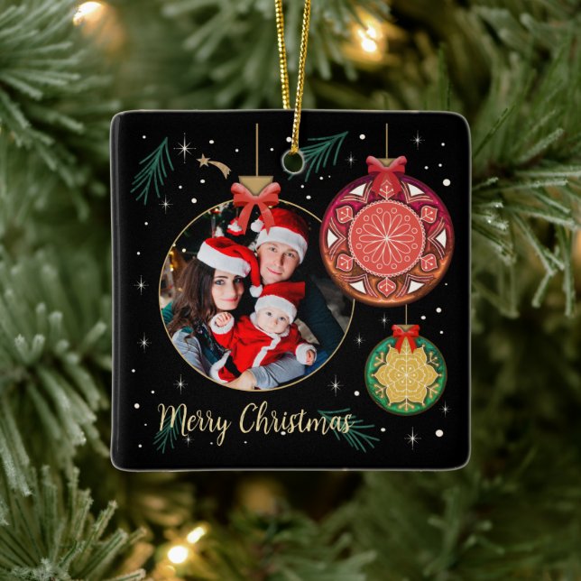 Merry Christmas Family Photo Personalise Ceramic Ornament (Tree)