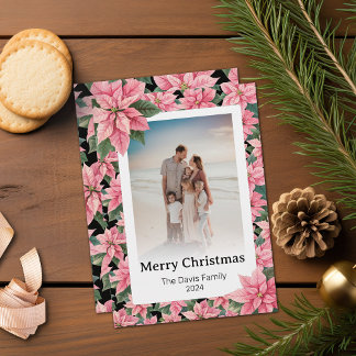 Merry Christmas Family Photo Pink Poinsettia Holiday Card