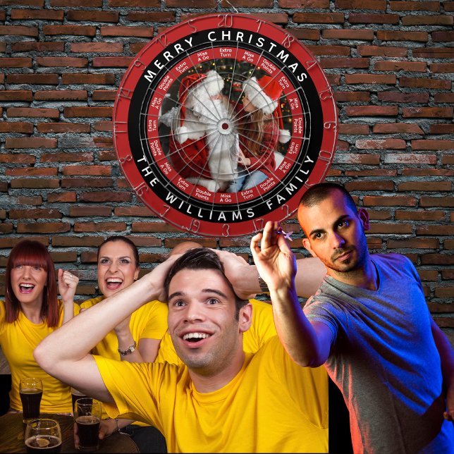 Merry Christmas Family Photo | Red And Black Name Dartboard (Dartboard - In situ)
