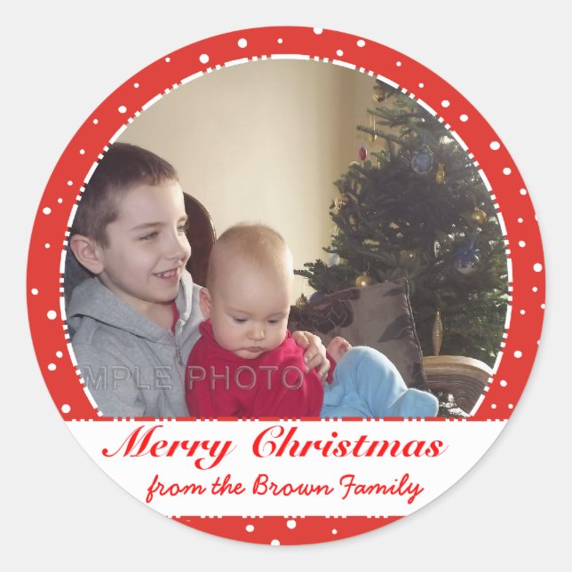 Merry Christmas Family Photo Red Circle Stickers (Front)