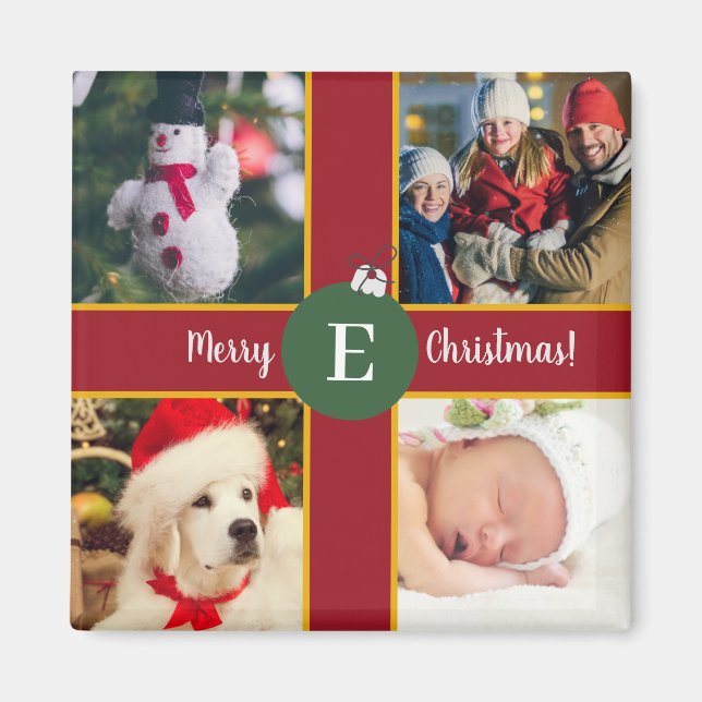 Merry Christmas Family Photo Red Green Monogram Magnet (Front)