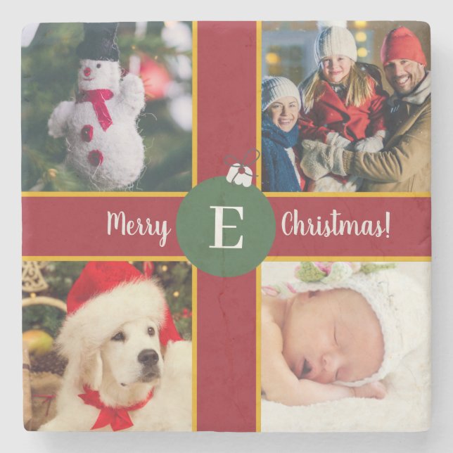 Merry Christmas Family Photo Red Green Monogram Stone Coaster (Front)