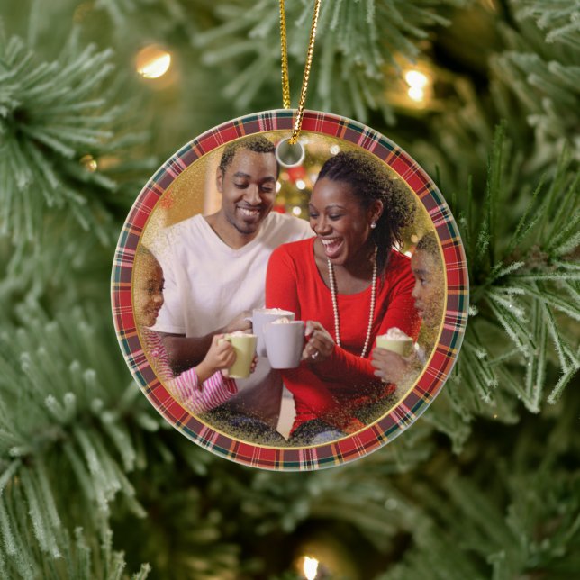 Merry Christmas Family Photo Red Green Plaid  Ceramic Tree Decoration (Tree)
