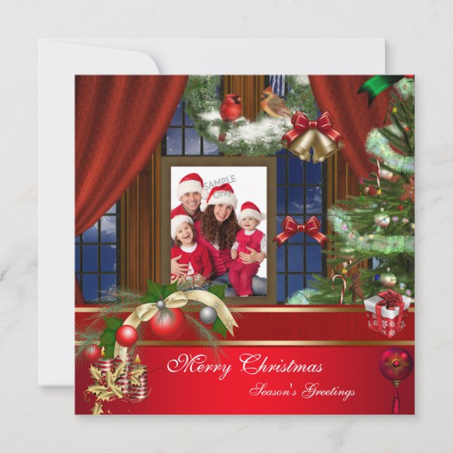 Merry Christmas Family Photo Red Green Window Holiday Card (Front)