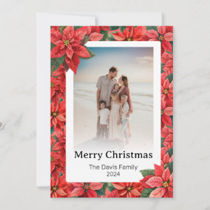 Merry Christmas Family Photo Red Poinsettia Flower Holiday Card