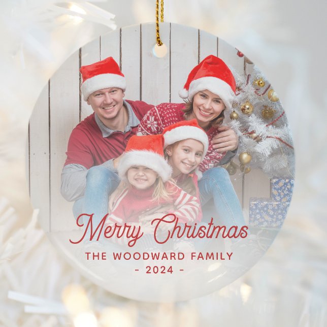 Merry Christmas Family Photo Red Script Ceramic Tree Decoration (Creator Uploaded)