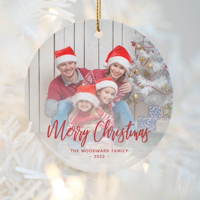 Merry Christmas Family Photo Red Script Ceramic Tree Decoration (Creator Uploaded)