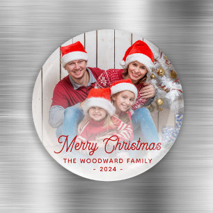 Merry Christmas Family Photo Red Script Magnet