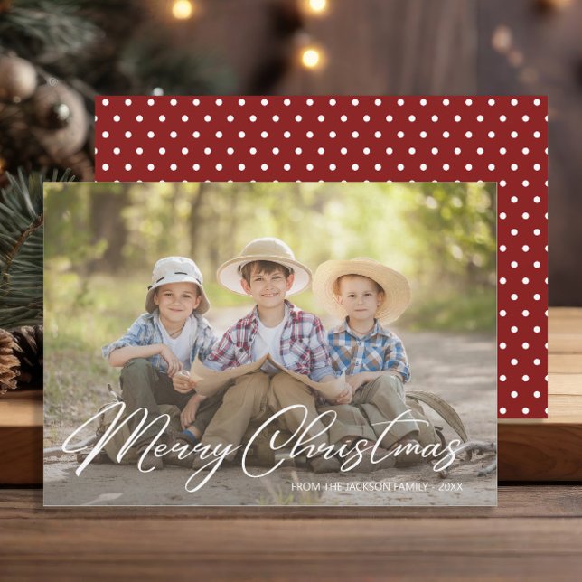 Merry Christmas Family Photo Red White Polka Dot Holiday Card (Family photo Christmas greeting card)