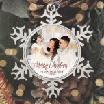 Merry Christmas Family Photo Rose Gold Script<br><div class="desc">Spread holiday cheer to friends and family with this modern keepsake ornament. The rose gold faux foil text reads "Merry Christmas" in elegant handwriting script. Replace the sample image with your favourite photo,  and add your family name and the year. A white gradient filter helps make the text pop.</div>