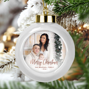 Merry Christmas Family Photo Rose Gold Script Ceramic Ball Christmas Ornament