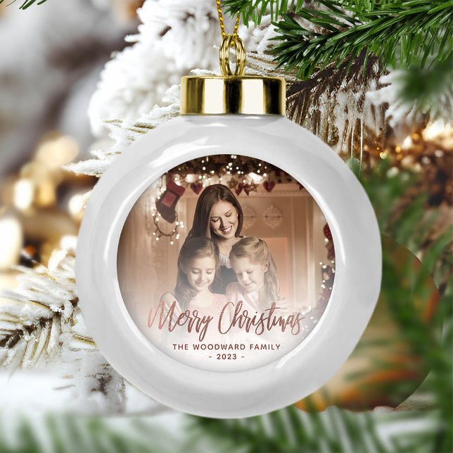 Merry Christmas Family Photo Rose Gold Script Ceramic Ball Christmas Ornament (Creator Uploaded)