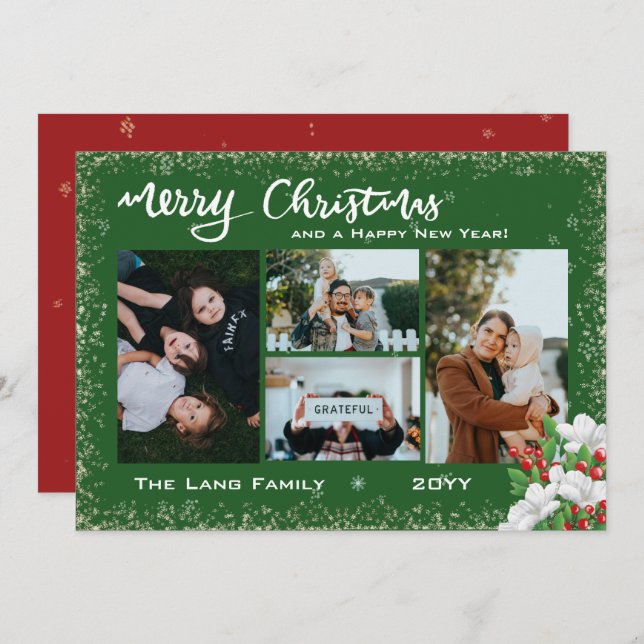 Merry Christmas Family Photo Snow Winter Florals Holiday Card (Front/Back)