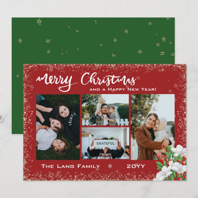 Merry Christmas Family Photo Snow Winter Florals  Holiday Card (Front/Back)