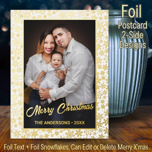 Merry Christmas family photo snowflakes elegant Foil Holiday Postcard