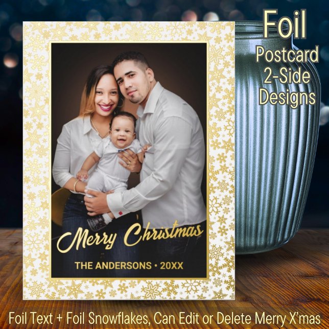 Merry Christmas family photo snowflakes elegant Foil Holiday Postcard (Creator Uploaded)