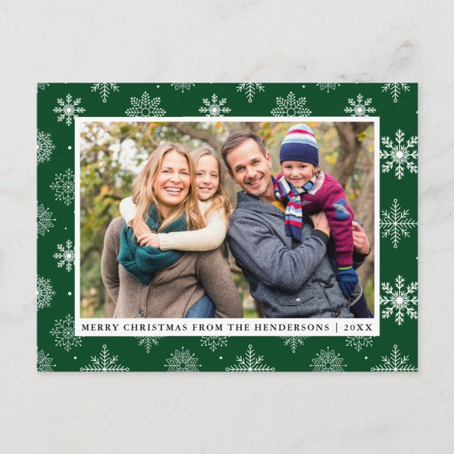 Merry Christmas Family Photo Snowflakes Green Holiday Postcard (Front)