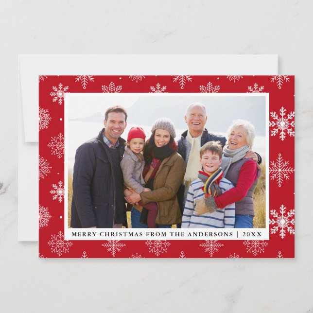 Merry Christmas Family Photo Snowflakes Red Card (Front)