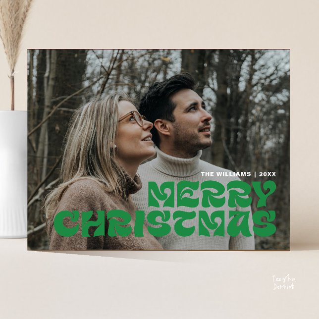 Merry Christmas Family Photo, Stylish Elegant Chic Postcard (Stylish Elegant, Merry Christmas Family Photo Chic Postcard in Romantic Bright Green)