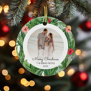 Merry Christmas Family Photo Tropical Flower Leaf Ceramic Tree Decoration