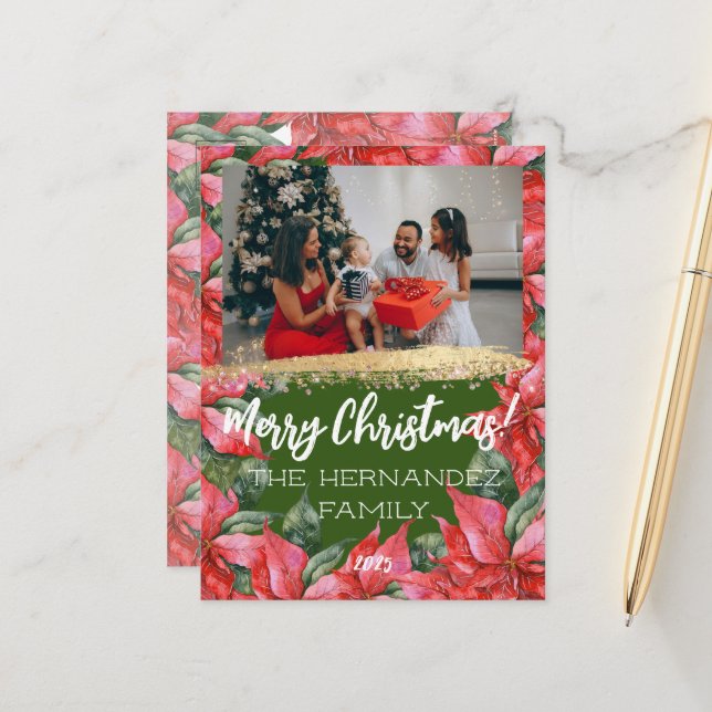 Merry Christmas Family Photo Watercolor Poinsettia Holiday Postcard (Front/Back In Situ)