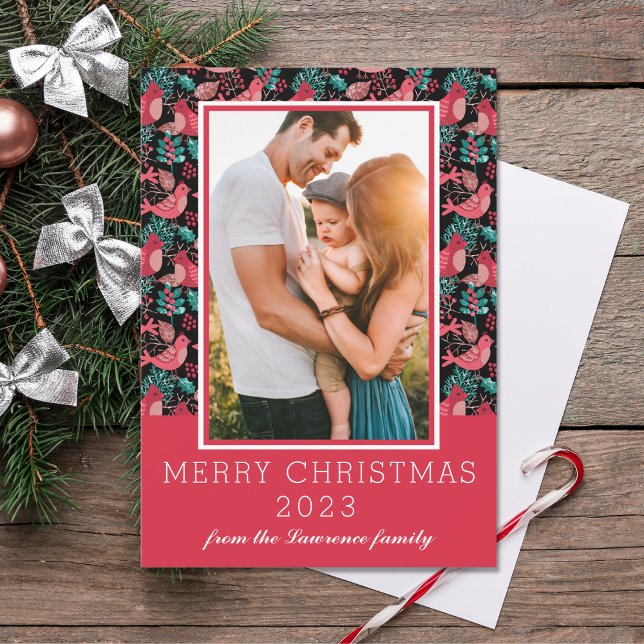 Merry Christmas Family Photo Winter Birds Berries Holiday Card (Creator Uploaded)