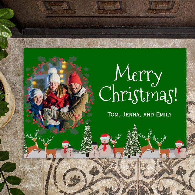 Merry Christmas Family Photo with Snowman Green Doormat (Creator Uploaded)