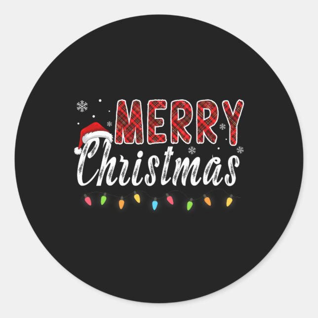 Merry Christmas Family Red Plaid Xmas Lights Men W Classic Round Sticker (Front)