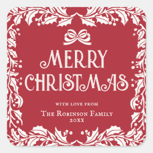 Merry Christmas Family Red White Garland Square Sticker