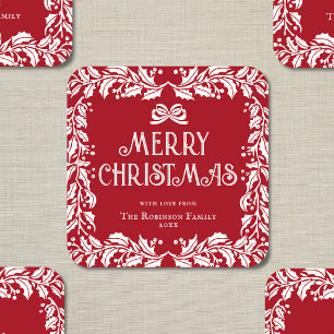 Merry Christmas Family Red White Garland Square Sticker