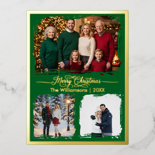 Merry Christmas Family Three Photo Green Foil Holiday Postcard