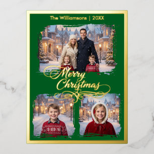 Merry Christmas Family, Three Pics, Green Foil Holiday Postcard