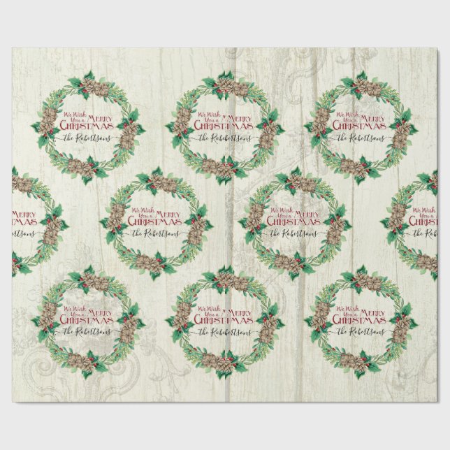 Merry Christmas Family Wreath Pine Cone Farmhouse  Wrapping Paper (Seam)