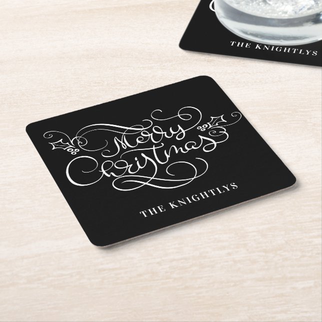 Merry Christmas Fancy Script Name Custom Square Paper Coaster (Angled)