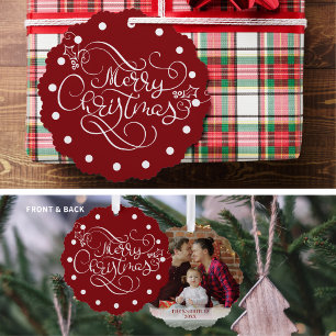 Merry Christmas Fancy Script Photo Custom Colour Tree Decoration Card