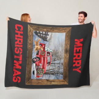 Merry Christmas Farm With Dog Throw Fleece Blanket
