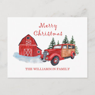 Merry Christmas Farmhouse Red Truck   Family Name Postcard