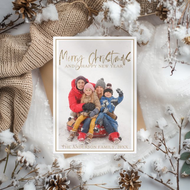 Merry Christmas Faux Gold Calligraphy Photo Holiday Card (Creator Uploaded)