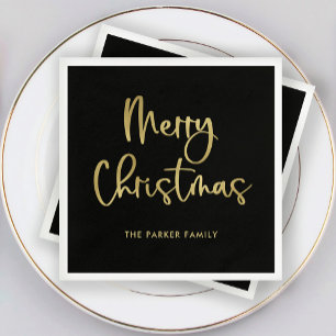 Merry Christmas Faux Gold Casual Script on Black Napkin