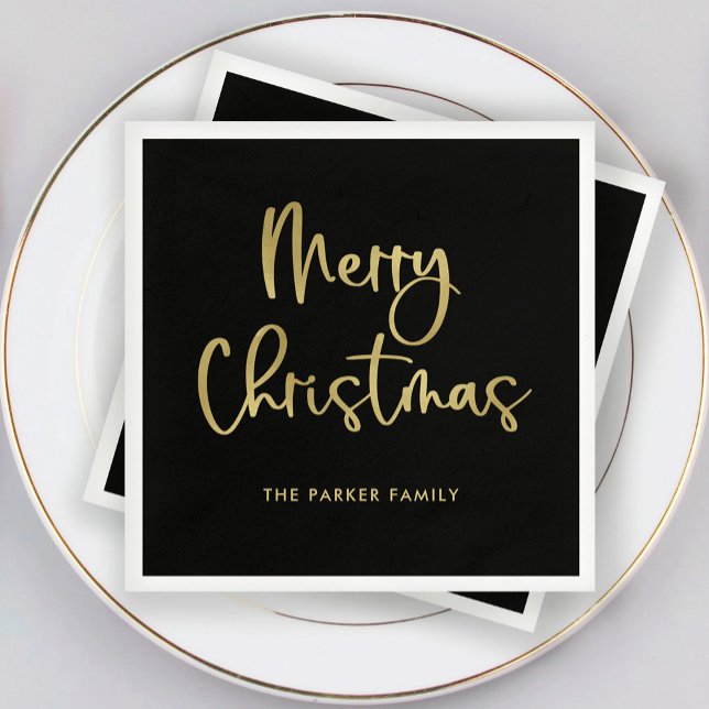 Merry Christmas | Faux Gold Casual Script on Black Napkin (Elegant Christmas napkins with faux gold script on black)