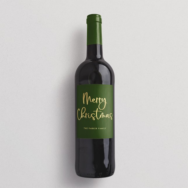 Merry Christmas | Faux Gold Casual Script on Green Wine Label (An elegant green Christmas wine label with faux gold script)