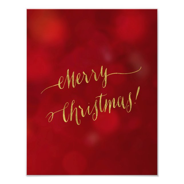 Merry Christmas Faux Gold Foil Red Bokeh Script Photo Print (Front)