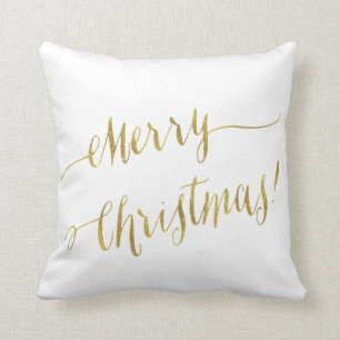 Merry Christmas Faux Gold Foil Script Lettering Cushion