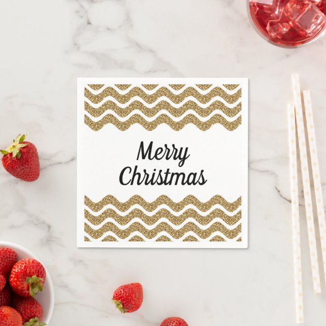 Merry Christmas Faux Gold Glitter White Stripes Napkin (Insitu)