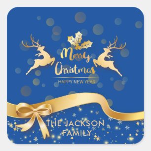 Merry Christmas   Faux Gold on Blue Casual Script Square Sticker
