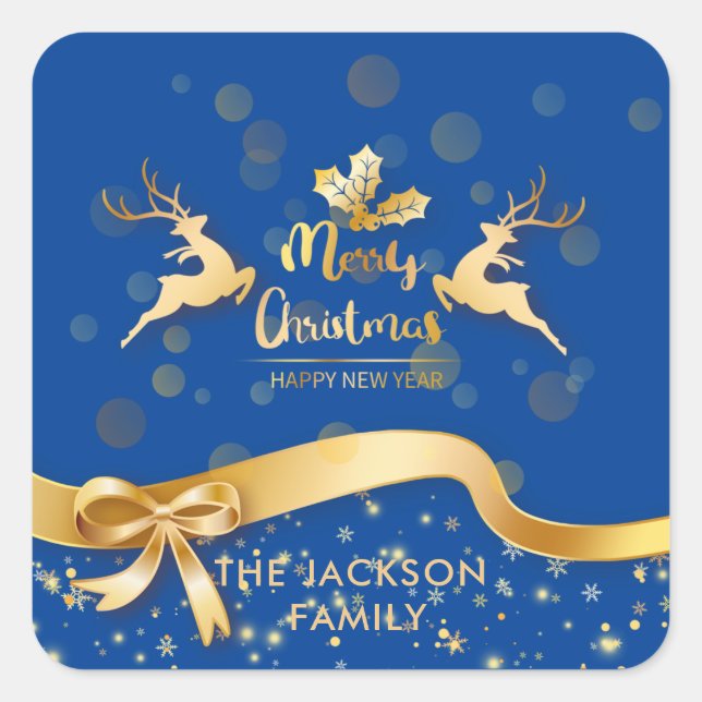 Merry Christmas | Faux Gold on Blue Casual Script Square Sticker (Front)