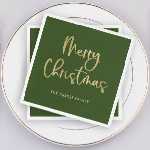 Merry Christmas   Faux Gold on Green Casual Script Napkin