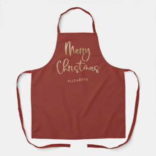 Merry Christmas Faux Gold on Red Casual Script Apron