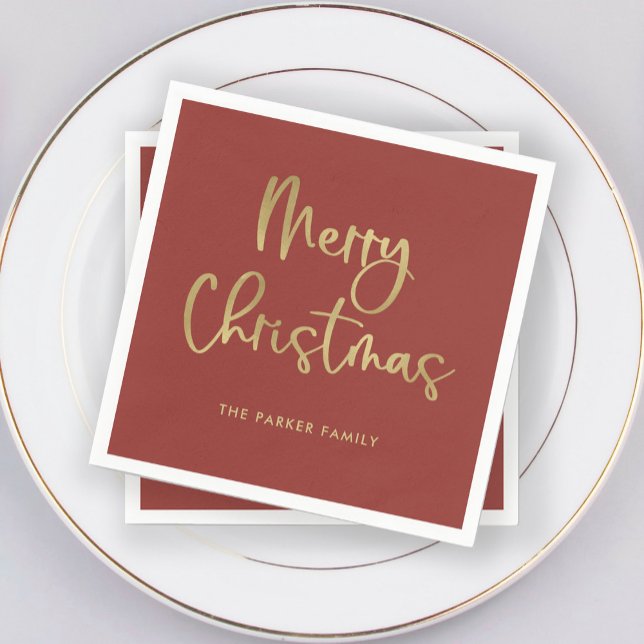 Merry Christmas | Faux Gold on Red Casual Script Napkin (Elegant Christmas napkins with faux gold script on red)