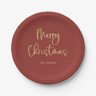 Merry Christmas   Faux Gold on Red Casual Script Paper Plate